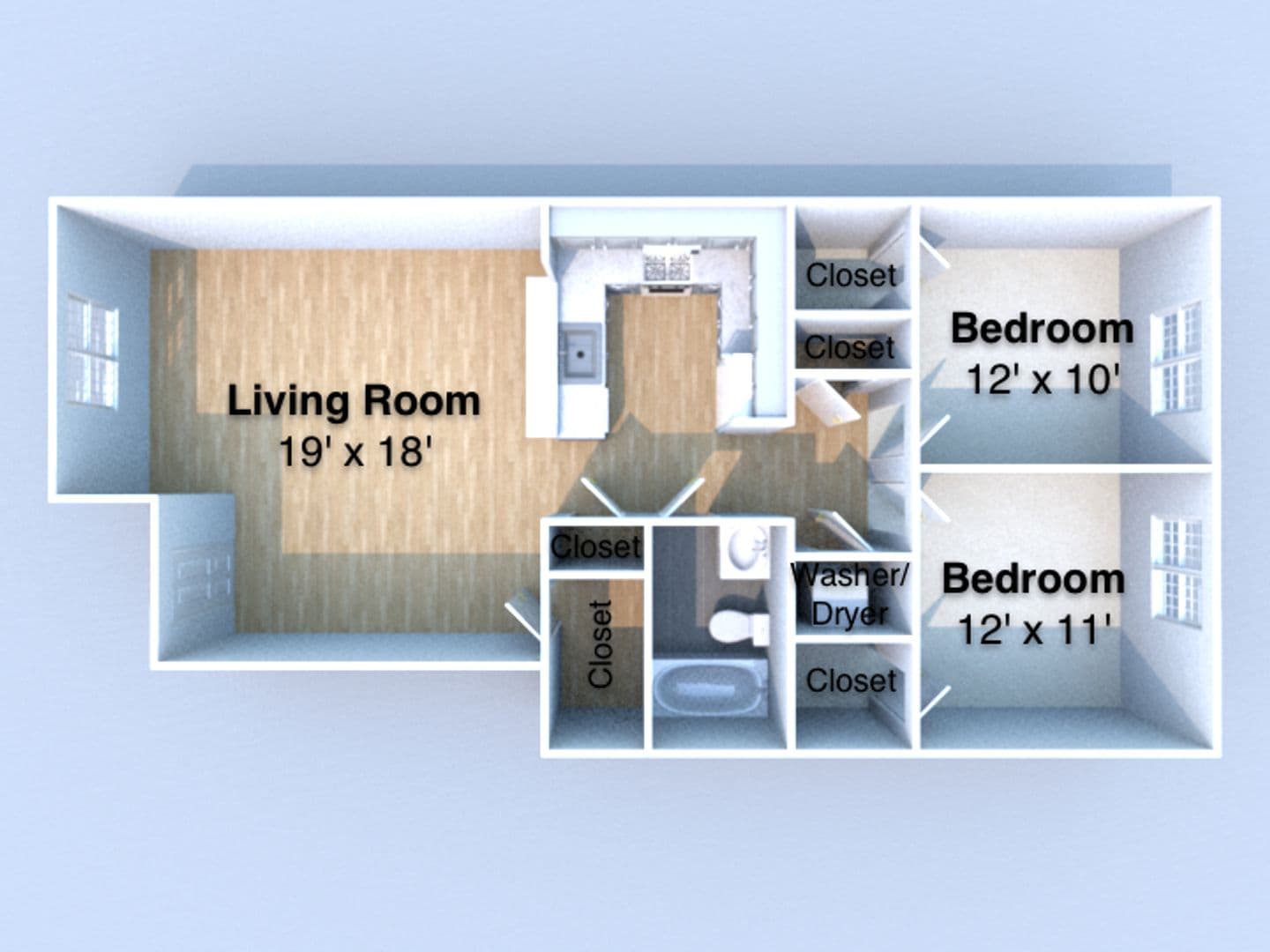 3D floor plan of the two bedroom, one bath residence at Cedar Bluff